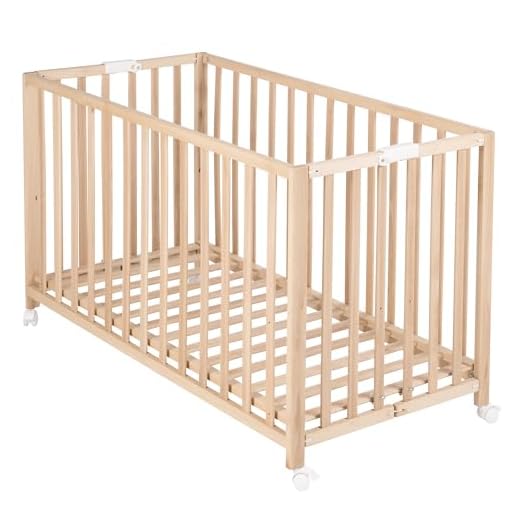 roba Klappbett 'Fold Up', Babybett 60x120 cm, Gitterbett Bio Buche natur, Bettchen 3-fach höhenverstellbar, platzsparendes Kinderbett inkl. Rollen zum Klappen