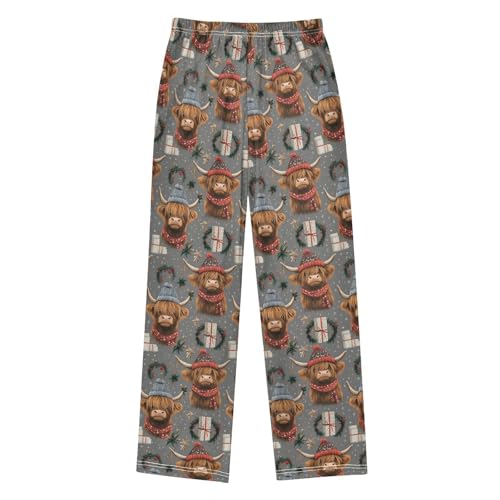 Christmas Pajama Pants Highland Cow Christmas Hat Long Sleep Pants Lounge Bottoms2