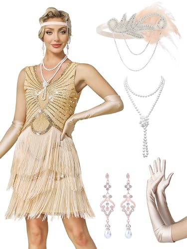 MTITE Womens Flapper Dress 1920s for Women Great Gatsby Dress V-Neck Evening Sequin Beaded Fringed with 20s Accessories (Champagne L)