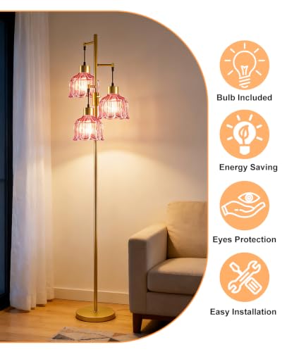 Image of Lightdot Red Glass Floor Lamp Dimmable with LED Bulbs & Flower Shade