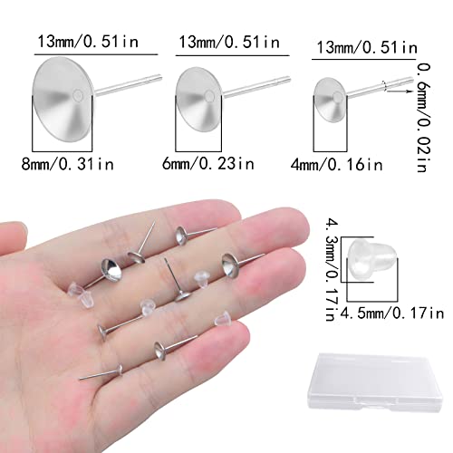 150Pcs 3 Sizes Hypoallergenic Blank Earring Posts Stainless Steel Pearl Cup Stud Earring Settings And 150Pcs Clear Earring Backs With A Plastic Box For Diy Jewelry Making Supplies #TOP2