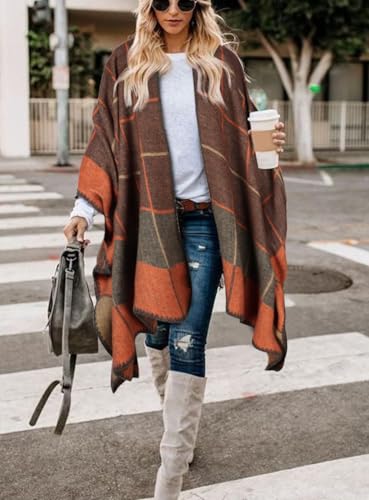 Image of Bestshe Women's Boho Open Front Poncho Plaid Shawl Wrap Cape