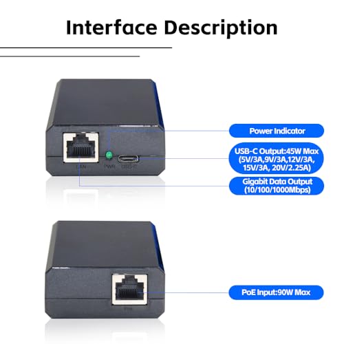 Image of 60W Gigabit PoE++ Splitter IEEE802.3bt to USB-C Power Adapter Output 5V /9V /12V /15V /20V for Raspberry Pi 4,Eero,Laptop,Google Mesh,Phone,Tablets,Google Pixel