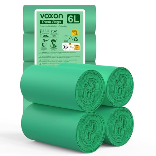 VOXON 100% Biodegradable Food Waste Bags, 6 L x 120 Counts Compostable Bin Liners with Extra Thick 24μm, EN13432 Certified Eco-Friendly Food Waste Bin Bags, 4 Rolls (120 Bags Total)