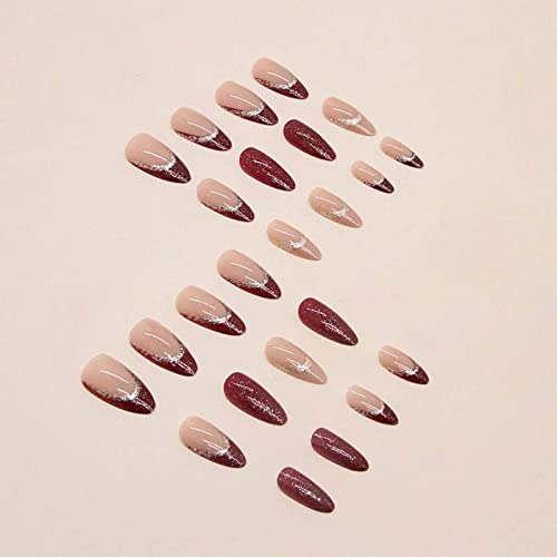 Press On Nails Short Medium French Wine Red Shiny False Nails Short Almond Acrylic Nails Women Girls 24 Pcs #TOP2