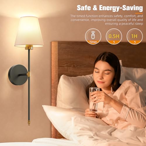 Image of NIORSUN 19.9 inch Battery Operated Wall Sconce Set of 2,Gold-Black Rechargeable Wall Lights with 10400mAh Dimmable Detachable Bulbs and Remote, Wireless Sconces for Bedroom Living Room Hallway