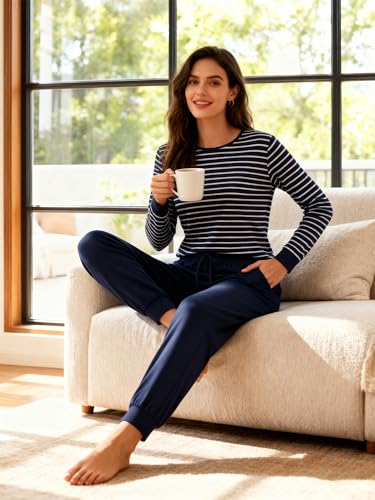 Breampot Schlafanzug Damen Lang Pyjamas Baumwolle Rundhals Nachtwäsche Set Winter Freizeitanzug Schlafanzüge mit Bündchen (Dunkelblau, Large)