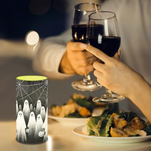 Image of Poceacles Flameless LED Candle Battery Powered Votive Lights Realistic Pillar Candle Decorative Tea Lights for Halloween Home Party Decor, Ghost Spider-Web Print Black Gray
