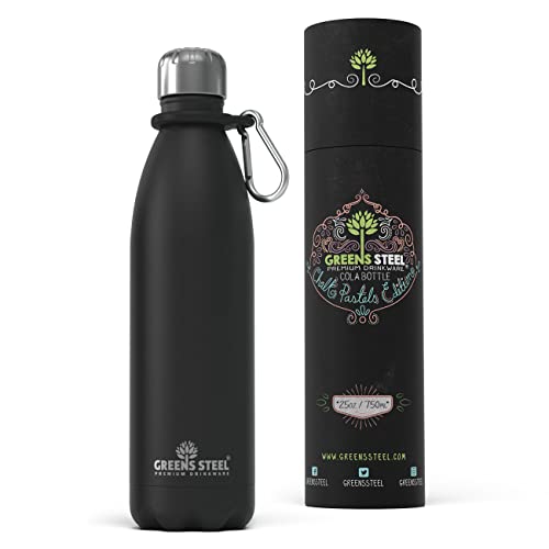 Greens Steel Botella de Agua en Acero Inoxidable - 750 ml, Negra I Aislado al Vacío de Doble Pared I Mosquetón y Caja de Regalo Incluidos I Reutilizable, a Prueba de Fugas para Adultos y Niños Cover