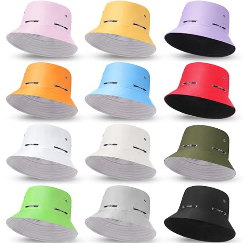 Image of Didaey 12 Pcs Bucket Hat Summer Adjustable UV Protection Hat Bulk Wide Brim with Strings for Beach Camping Hiking