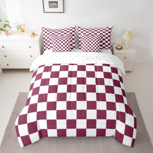 Image of Erosebridal Burgundy Check Plaid Queen Comforter Set with Sheets 7 Piece White Red Checkerboard Bedding Set,Checkered Grid Bed in A Bag for Kids Teen Adults Aesthetic Geometric Bed Set