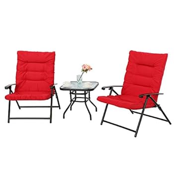 Alternative view of PHI VILLA 3 PCS Patio Bistro Set Outdoor Furniture Folding Chairs Set with Red Cushions, 2 Adjustable Reclining Chairs & 1 Tempered Glass Coffee Table