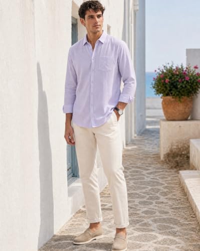 Image of Nobero Breezy Premium Linen Cotton Shirt for Men | Stylish Casual Shirts for Men | Semi Cut Collar | Box Pleat | Curved Hem | Regular Fit | Full Sleeve | S-XXXL