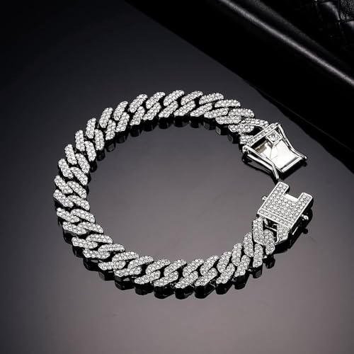 Image of MEENAZ Mc Stan bracelet for men Cuban Link Chain Silver Bracelet for boys Women girls gents Miami Bracelets Iced Cubic Zirconia Stone diamond chain Bracelets Stainless Steel Ice Stylish Rapper -506