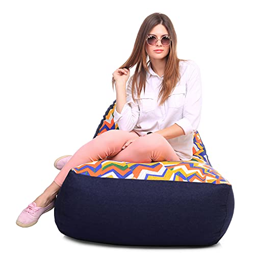 Image of Style Homez Urban Design Denim Canvas Geometric Printed Chair Bean Bag XXL Size Filled with Beans Fillers