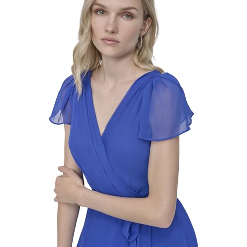 Image of DKNY Women's Flutter Sleeve Surplice Tie Fit & Flare Midi Dress