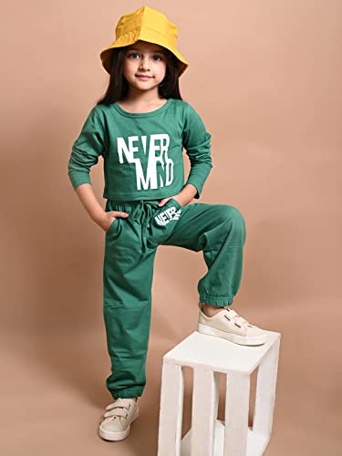 Image of LILPICKS Girls Never Mind Printed Crop Top with Jogger Set (Green)