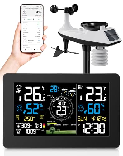 Regevo WLAN Wetterstation mit Außensensor, 11-in-1 Profi Funkwetterstation mit Windgeschwindigkeit Windrichtung, Regenmesser, Temperatur,...