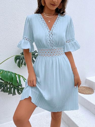 Image of Womens Summer Dresses V-Neck Lace Insert Flounce Casual Lightweight Sleeve Midi Dresses for Women 2025 Trendy
