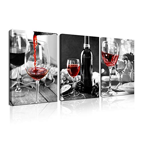 3 Pcs Wine Decor Kitchen Canvas Art Wine Glasses Canvas Paintings Wall Art Pictures with Wood Inner Frame for Dining Room Decor Kitchen Pictures Wall Decor (C, 12X18Inchx3Pcs)