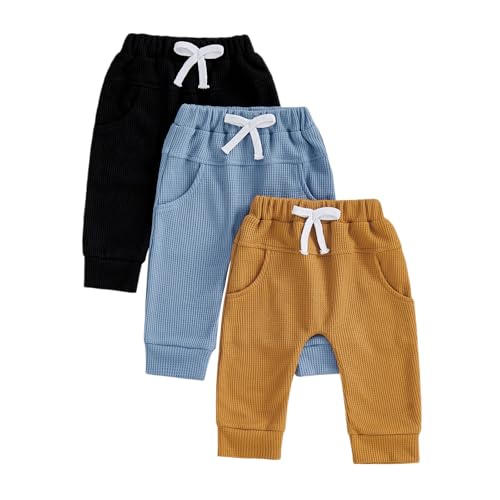 allshope Toddler Baby Boy Fall Pants Active Jogger Casual Athletic Trousers Solid Color Pocket Elastic Waist Harem Bottoms (Waffle Black Blue Brown, 18-24 Months)
