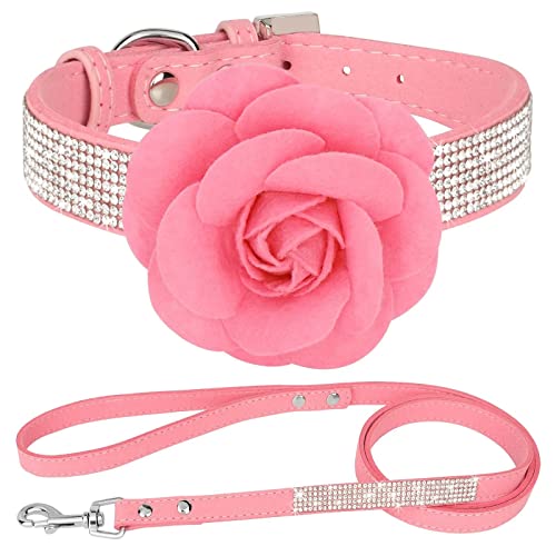 Beirui Bling Rhinestone Dog Collar And Leash Set - Soft Suede Leather Sparkling Dog Collars With Flower - Cute Girl Dog Collars With 4Ft Leash For Small Dogs,Pink,Neck 10-12" #TOP25