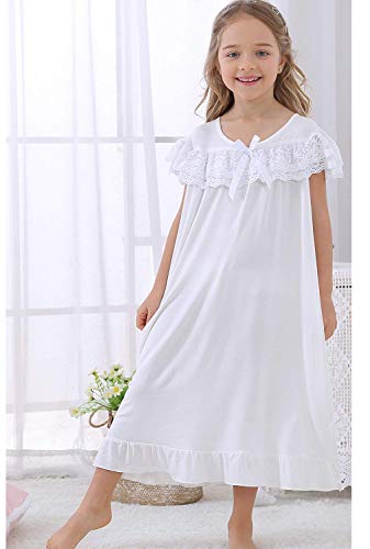 PUFSUNJJ Lovely Girls Princess Nightgown Soft Cotton Sleepwear Kids 3-12 Years Cream