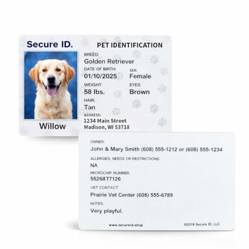 Pet ID Card Dog Cat Emergency Contact Card for Pets - Home Alone Instructions PVC with Key Tag Secure ID, LLC