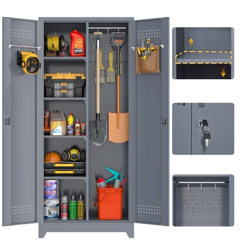 GREATMEET 72'' Metal Utility Storage Cabinet with Pegboard & Tool Hanging Bars, Double Door Cleaning Supply Organizer with Adjustable Shelves, Tall Garage Janitor Storage Cabinet, Grey
