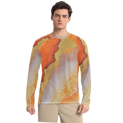 Marble Orange Gold Men's UPF 50+ Swim Shirts Comfortable Loose UV Sun Protection Long Sleeve Shirts Running