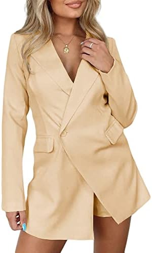 Pfvkeree Work Office Rompers for Women Business Jumpsuits Long Sleeve Blazers Suits with Pockets Khaki