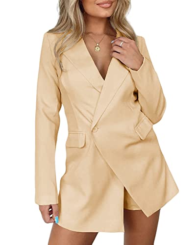 Pfvkeree Work Office Rompers For Women Business Jumpsuits Long Sleeve Blazers Suits With Pockets Khaki #TOP2