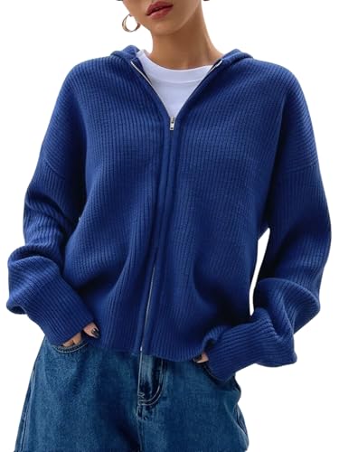 Image of SOLY HUX Zip Up Cardigan for Women Hooded Cardigan Sweater Knitted Drop Shoulder Fall Clothes Winter Hoodies Outerwear