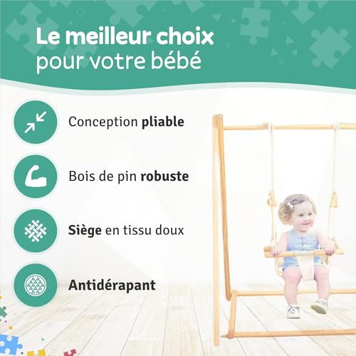 Balançoire en Bois pour bébé avec siège à Bascule Pliable, balancelle évolutive et Chaise à Bascule Enfant, Baby Swing en Bois Naturel Stable et sûr, Jouet bébé pour intérieur et extérieur sécurisé – Image 3