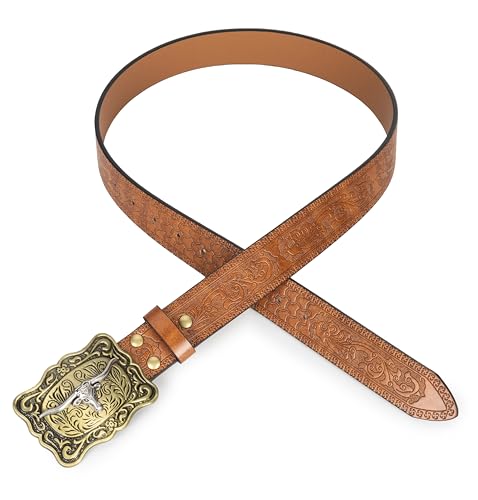 Image of Western-Cowboy-Leather-Belts for Women Turquoise-Oval-Buckle Embossed Belt