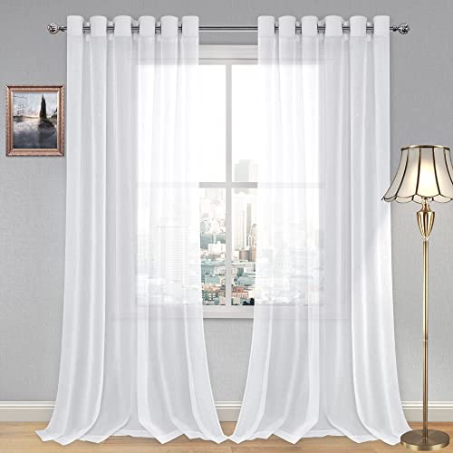 DWCN White Sheer Curtains, Linen Look Semi Transparent Voile Grommet Top Solid Lightweight & Airy Gauzy Curtains & Drapes for Living Dining Room Drapes W70 x L102 Inch Long, Set of 2 Panels