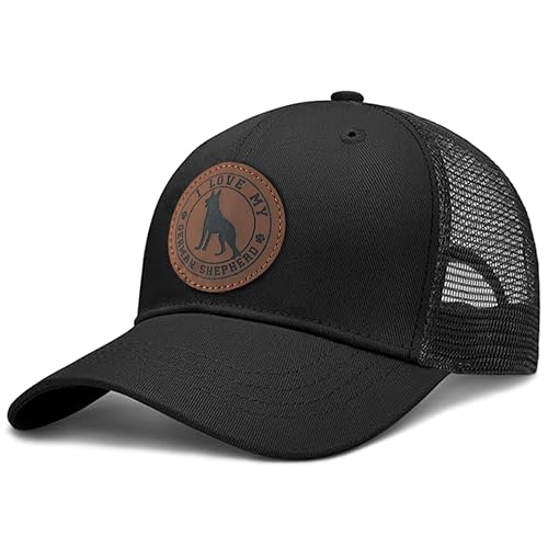 Dog Leather Patch Trucker Hat Gift - German Shepherd Dog Adjustable Baseball Caps, Plastics Snapback Trucker Hats Men & Women Meshback Caps, Mesh Breathable Design for Outdoor, Casual Wear, Black