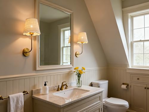 Image of Phansthy Industrial Hardwired Wall Sconce Vintage Farmhouse Wall Light, Boho Brass Finished Wall Lamps with Natural Rattan Woven Lampshade for Bedroom, Living Room (Antique Gold, One-Light 2 Pack)