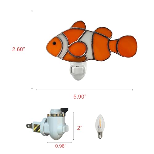 Image of CHEZBABY Stained Glass Red Clownfish Plug-in Night Light | Art glass shade, 1W LED bulb, 120V rotatable plug with switch, Ocean-inspired charm for bedroom,hallway,living room,kitchen.