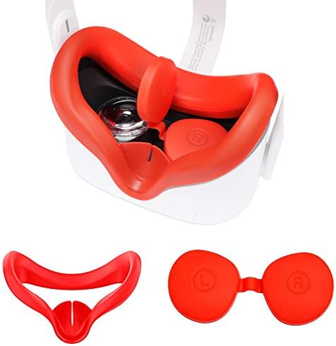 VR Face Silicone Cover Mask Combo with Protective Lens Cover for Oculus Quest 2 Headset Face Pad Cushion Accessories Set Sweatproof Lightproof by X-super Home (Red, Oculus Quest 2)