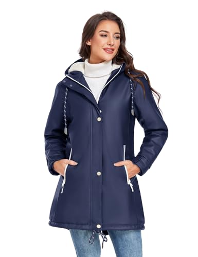 Vancavoo Wintermantel Damen Winterjacke Warm Gefüttert Wasserdicht Atmungsaktiv Regenmantel Übergangsjacke Winter Windbreaker Jacke Mantel Outdoorjacke mit Kapuze,Marineblau,L