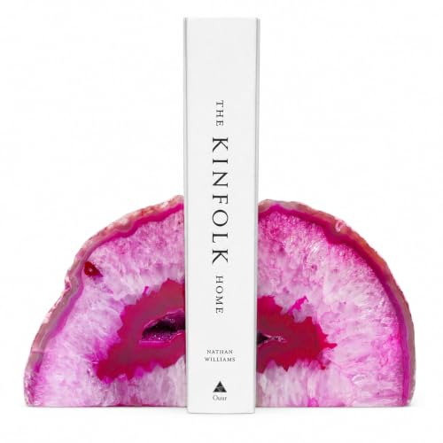Sisamn Natural Pink Dyed Agate Geode Bookends - 2 to 3 lb Heavy Duty Rock Crystal Stone Book Ends for Shelves with Rubber Bumpers Decorative Book Holders for Home Office