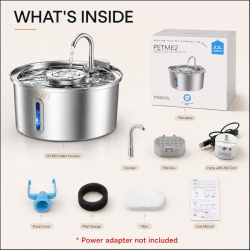PETME2 Stainless Steel Cat Water Fountain 108oz/3.2L, Dog Water Fountain for Cats & Dogs Indoor, LED Light, Quiet Pump, Faucet & Bubbling Dual Flow Modes, 4-Layer Filter, Dishwasher Safe - image 8