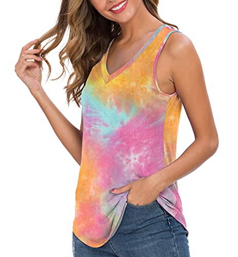 Feiersi Women's Summer Sleeveless V-Neck T-Shirt Casual Tank Tops Basic Blouse Shirts(Tie Dye Colorful Orange,Large) #TOP1