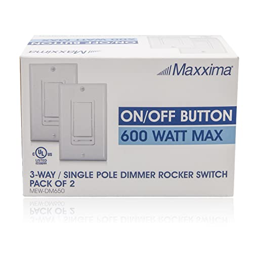 Maxxima Led Slide Dimmer Rocker Switch, 3-Way/Single Pole Decorative Electrical Light Switch 600 Watt Max, Led Compatible, Wall Plate Included (2 Pack) #TOP7