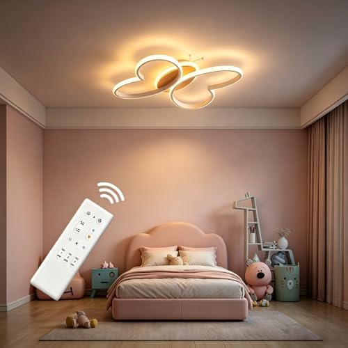 Dythwron Kinderzimmer Lampe Decke, 38cm Kinderzimmerlampe Mädchen, 40W LED Deckenlampe Kinderzimmer mit Fernbedienung mit Nachtlichtfunktion, Schmetterling Deckenleuchte(Weiß)