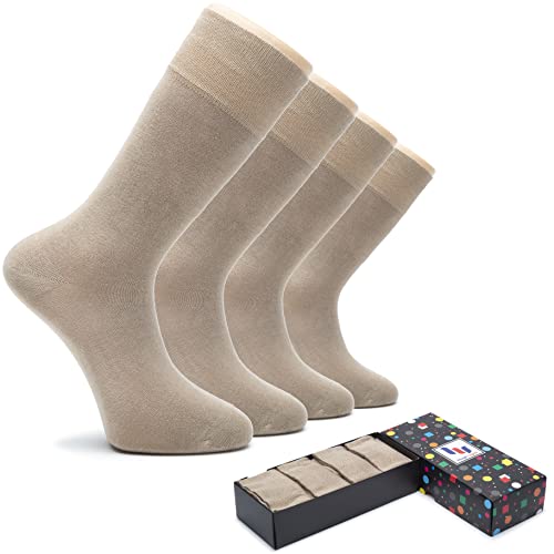 Hugh Ugoli Men's Bamboo Dress Socks for Business & Trouser, Thin & Seamless Crew Socks, 4 Pairs with Gift Box, Shoe Size 8-12