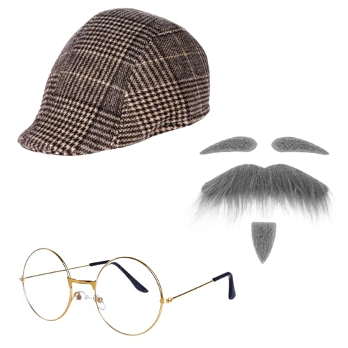 cnomg 4PCS Old Man Costume Grandpa Accessories Hat Glasses Eyebrows Moustache for 1920s Grandpa Dress Up