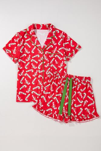 Image of KevaMolly Women Novelty Knotted Candy Cane Christmas Pajama Set | Christmas Floral Bow Print PJ Set, Button Lapel Knotted Drawstring Shorts with Convenient Side Pockets