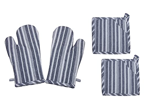 Oven Mitts And Pot Holders | 4 Pcs Blue Stripes |Heat Resistant Kitchen Microwave Glove For Baking Cooking Grilling, Good Fit Bbq, Soft Cotton Filling Non-Slip Surface, Hot Pads Mats Coasters #TOP4